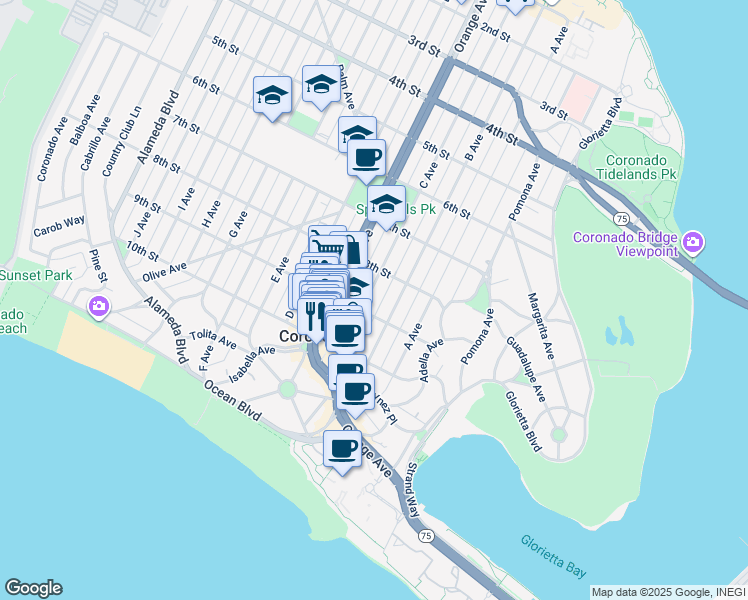 map of restaurants, bars, coffee shops, grocery stores, and more near 876 B Avenue in Coronado