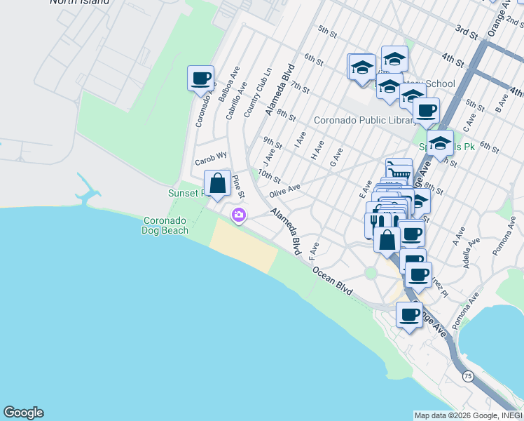 map of restaurants, bars, coffee shops, grocery stores, and more near 546 Marina Avenue in Coronado