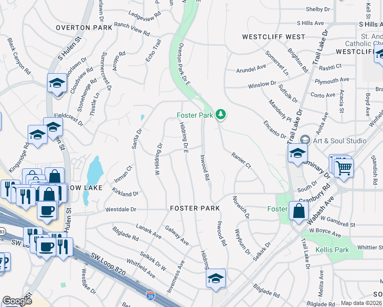 map of restaurants, bars, coffee shops, grocery stores, and more near 4116 Inwood Road in Fort Worth