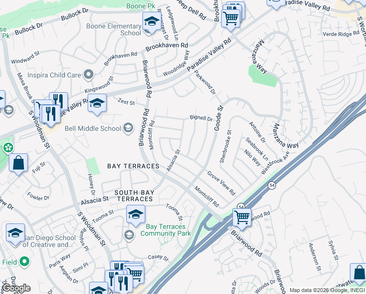 map of restaurants, bars, coffee shops, grocery stores, and more near 7425 Alsacia Street in San Diego