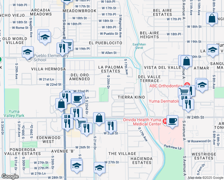map of restaurants, bars, coffee shops, grocery stores, and more near 1010 Camino Barranca in Yuma