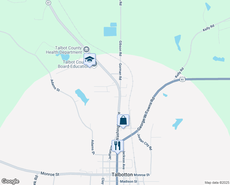 map of restaurants, bars, coffee shops, grocery stores, and more near 604 Washington Avenue in Talbotton