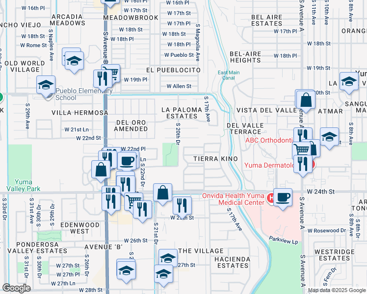 map of restaurants, bars, coffee shops, grocery stores, and more near 1010 Camino Barranca in Yuma