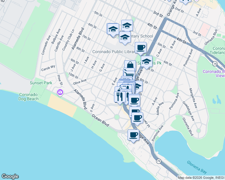 map of restaurants, bars, coffee shops, grocery stores, and more near 918 E Avenue in Coronado