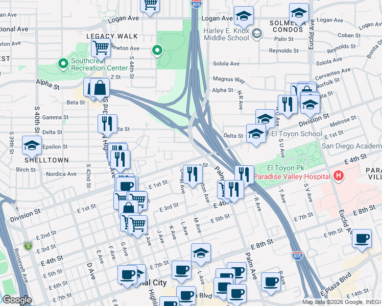map of restaurants, bars, coffee shops, grocery stores, and more near 1408 Fig Court in National City