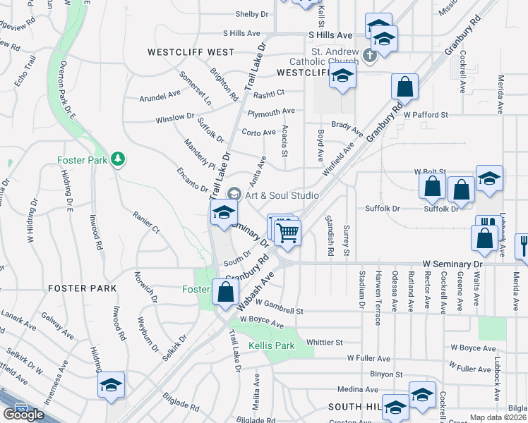 map of restaurants, bars, coffee shops, grocery stores, and more near 4244 Winfield Avenue in Fort Worth