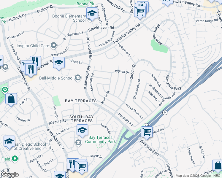 map of restaurants, bars, coffee shops, grocery stores, and more near 7425 Alsacia Street in San Diego