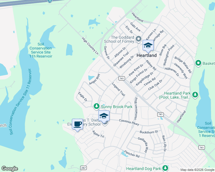 map of restaurants, bars, coffee shops, grocery stores, and more near 4000 Freedom Street in Forney