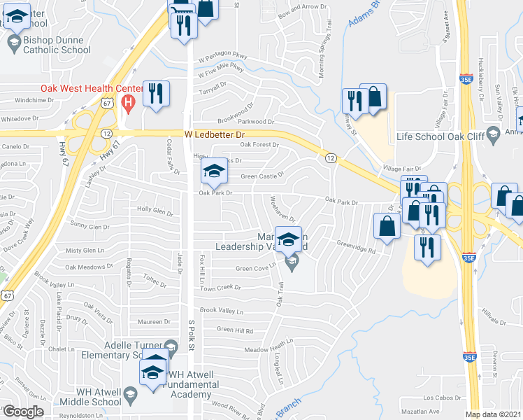 map of restaurants, bars, coffee shops, grocery stores, and more near 4706 Oak Trail in Dallas