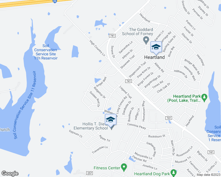 map of restaurants, bars, coffee shops, grocery stores, and more near 4007 Freedom Street in Forney