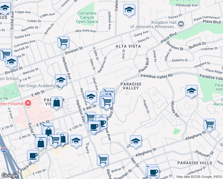 map of restaurants, bars, coffee shops, grocery stores, and more near 3629 East 8th Street in National City