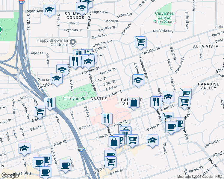 map of restaurants, bars, coffee shops, grocery stores, and more near 2536 East 2nd Street in National City
