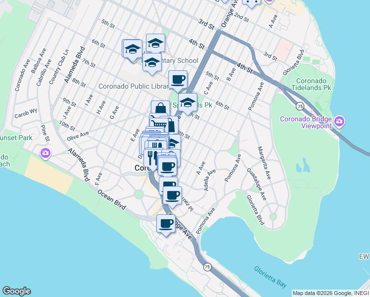 map of restaurants, bars, coffee shops, grocery stores, and more near 801 C Avenue in Coronado