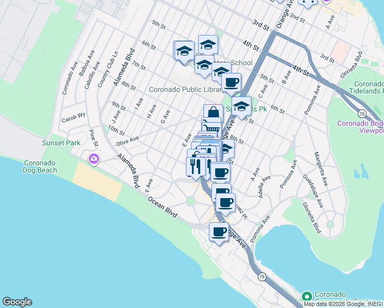 map of restaurants, bars, coffee shops, grocery stores, and more near 918 E Avenue in Coronado