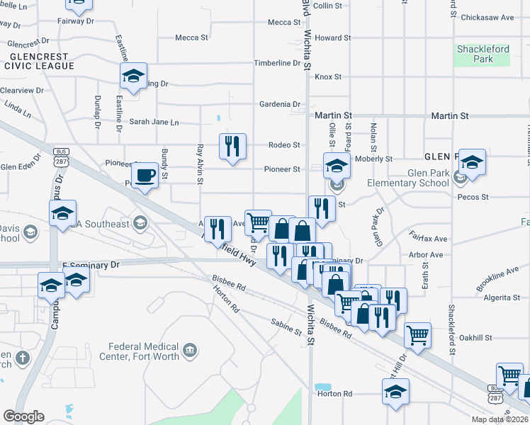 map of restaurants, bars, coffee shops, grocery stores, and more near 3124 Pecos Street in Fort Worth