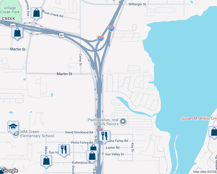 map of restaurants, bars, coffee shops, grocery stores, and more near 5040 Slim Ridge Road in Fort Worth