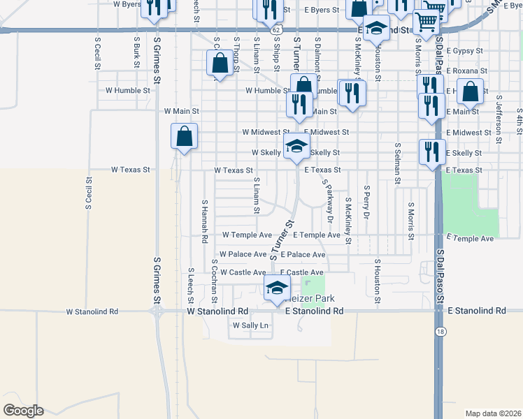 map of restaurants, bars, coffee shops, grocery stores, and more near 1210 South Linam Street in Hobbs