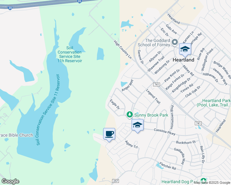 map of restaurants, bars, coffee shops, grocery stores, and more near 4045 Ridgetop Drive in Forney