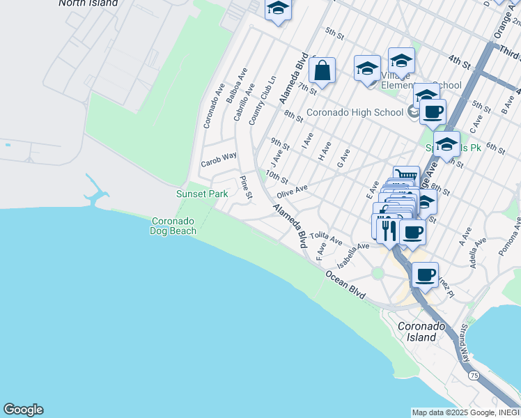 map of restaurants, bars, coffee shops, grocery stores, and more near 20 Pine Court in Coronado