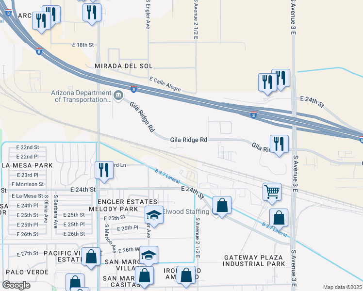 map of restaurants, bars, coffee shops, grocery stores, and more near 2441 East Gila Ridge Road in Yuma