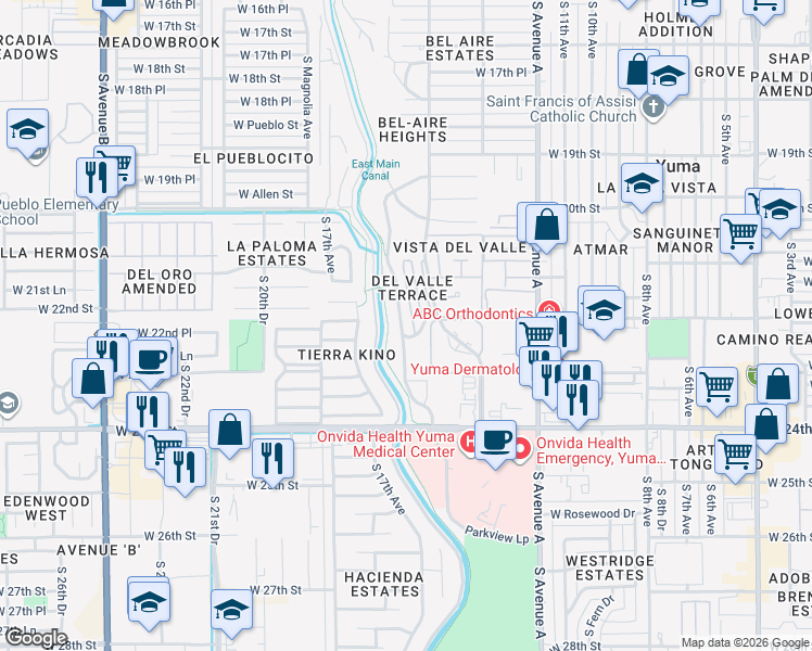 map of restaurants, bars, coffee shops, grocery stores, and more near 2178 Ridgeview Drive in Yuma