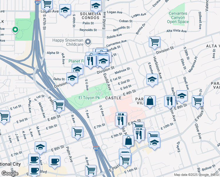 map of restaurants, bars, coffee shops, grocery stores, and more near 247 Euclid Avenue in National City