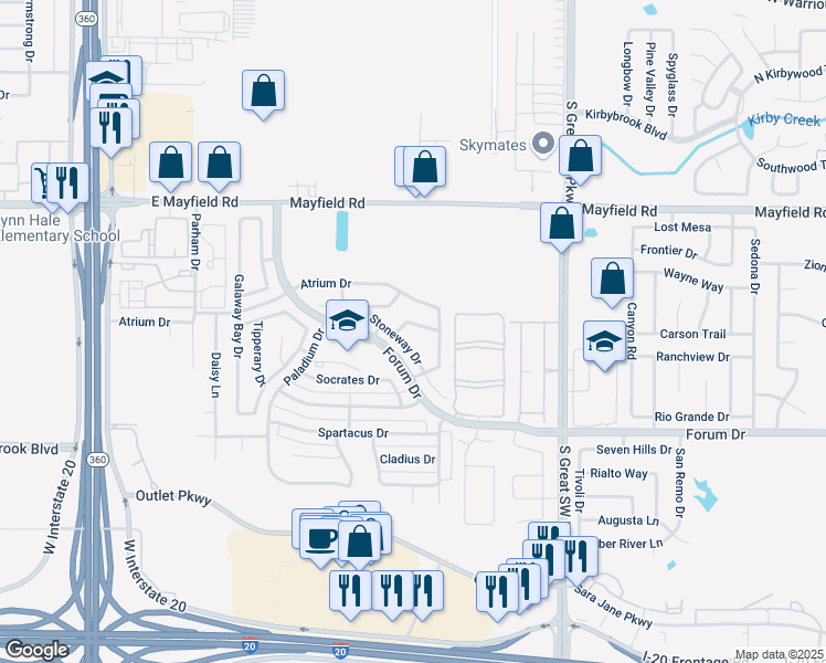 map of restaurants, bars, coffee shops, grocery stores, and more near 2619 Hopkins Drive in Grand Prairie