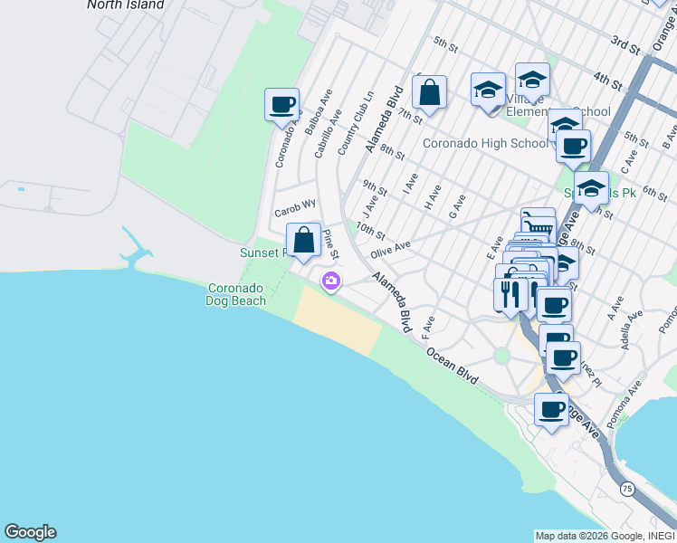 map of restaurants, bars, coffee shops, grocery stores, and more near 2 Pine Court in Coronado