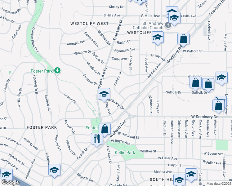 map of restaurants, bars, coffee shops, grocery stores, and more near 4156 Anita Avenue in Fort Worth