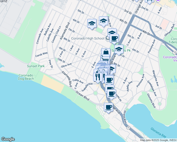 map of restaurants, bars, coffee shops, grocery stores, and more near 962 E Avenue in Coronado