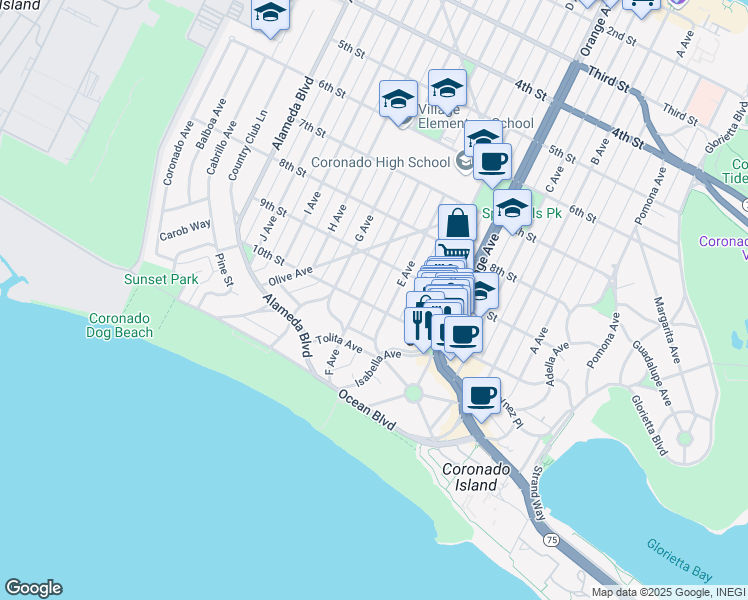 map of restaurants, bars, coffee shops, grocery stores, and more near 811 10th Street in Coronado
