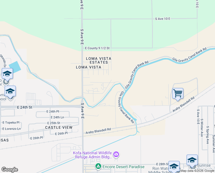 map of restaurants, bars, coffee shops, grocery stores, and more near 9721 Chant Way in Yuma