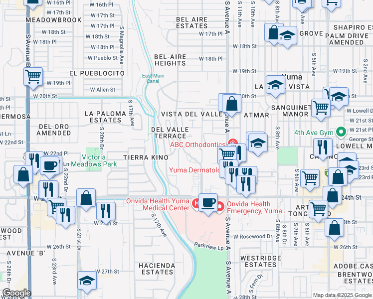 map of restaurants, bars, coffee shops, grocery stores, and more near 2231 South Elks Lane in Yuma