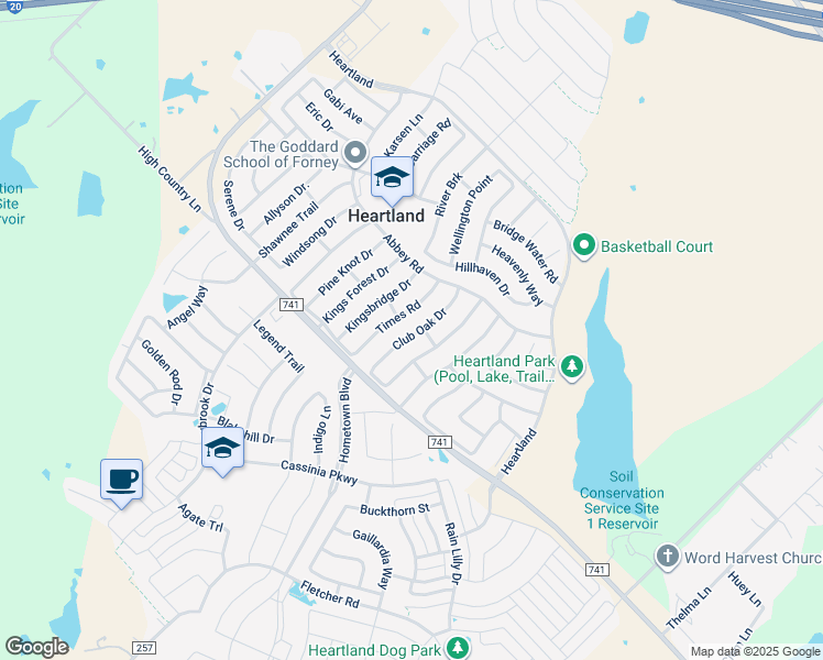 map of restaurants, bars, coffee shops, grocery stores, and more near 2029 Club Oak Drive in Forney