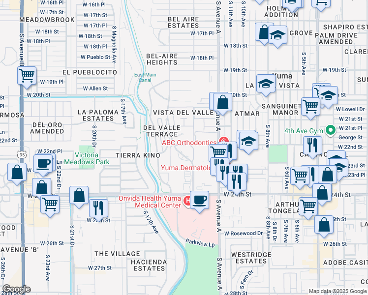 map of restaurants, bars, coffee shops, grocery stores, and more near Unnamed Road in Yuma