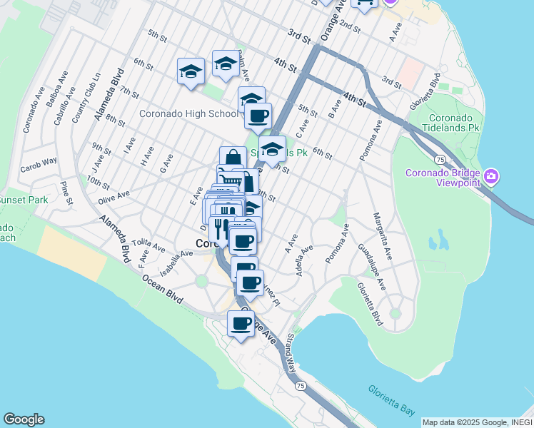 map of restaurants, bars, coffee shops, grocery stores, and more near 801 C Avenue in Coronado