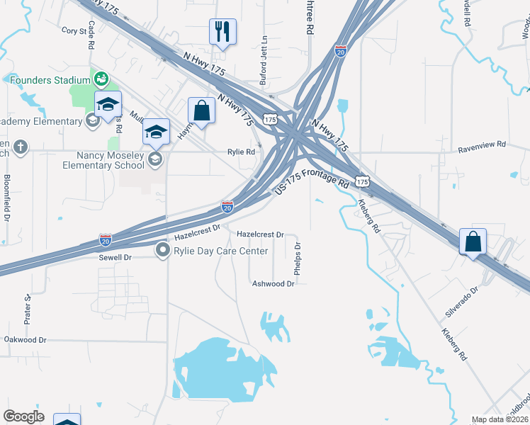 map of restaurants, bars, coffee shops, grocery stores, and more near 10600 Rylie Road in Dallas