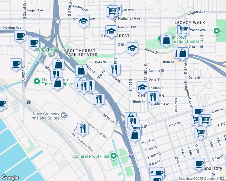 map of restaurants, bars, coffee shops, grocery stores, and more near 3813-15 Birch Street in San Diego