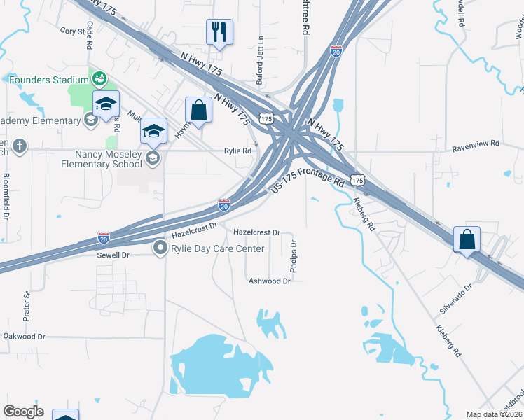 map of restaurants, bars, coffee shops, grocery stores, and more near 10600 Rylie Road in Dallas