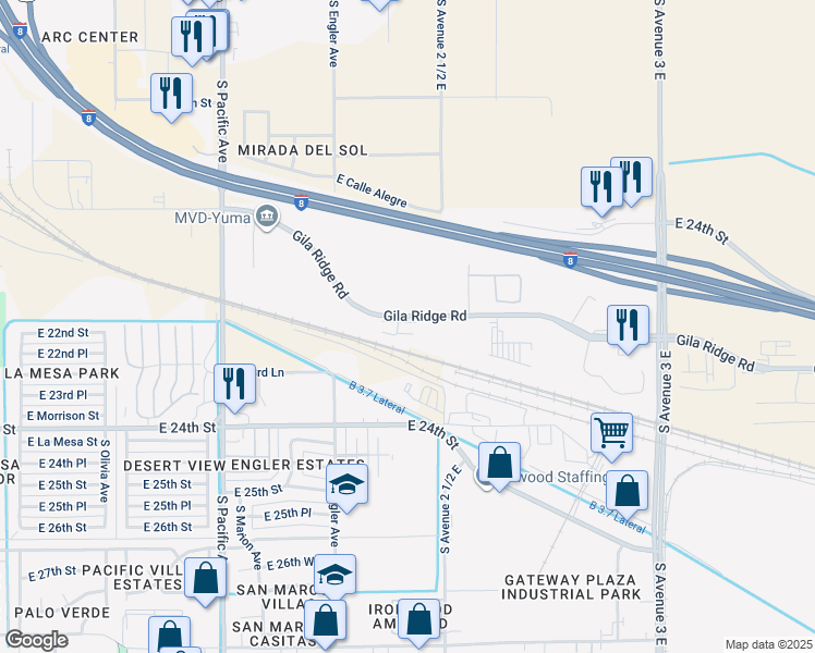 map of restaurants, bars, coffee shops, grocery stores, and more near 2441 East Gila Ridge Road in Yuma