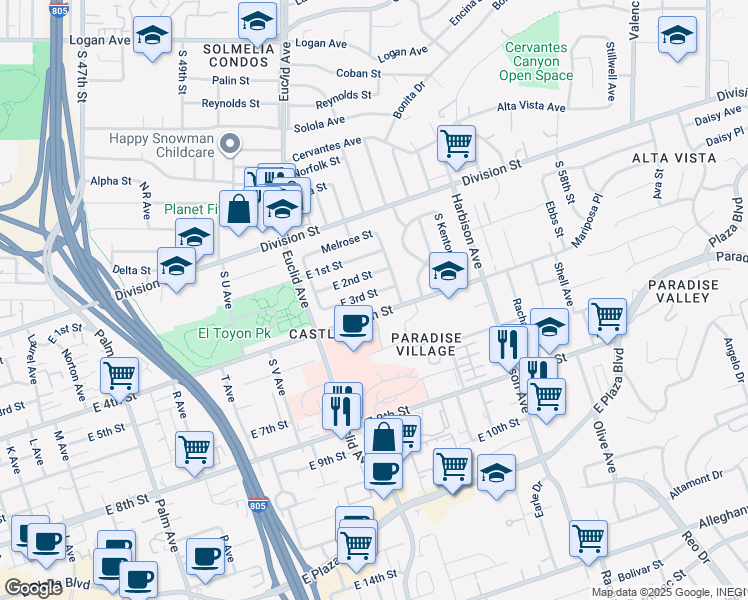 map of restaurants, bars, coffee shops, grocery stores, and more near 2624 East 3rd Street in National City