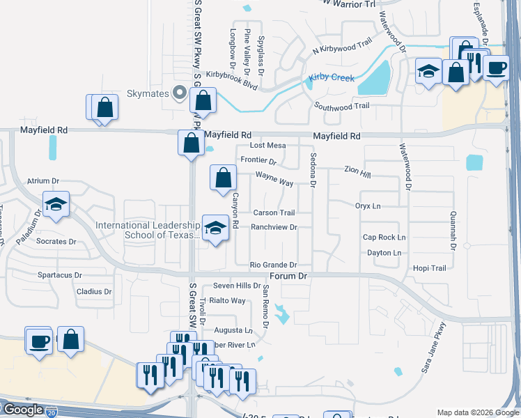 map of restaurants, bars, coffee shops, grocery stores, and more near 3414 Jasper Drive in Grand Prairie