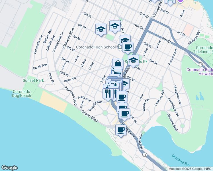 map of restaurants, bars, coffee shops, grocery stores, and more near 924 D Avenue in Coronado