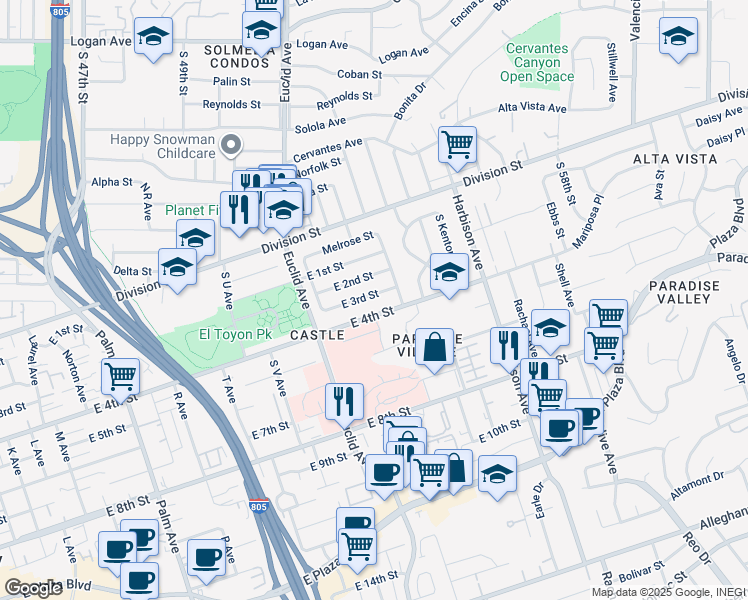 map of restaurants, bars, coffee shops, grocery stores, and more near 2624 East 3rd Street in National City