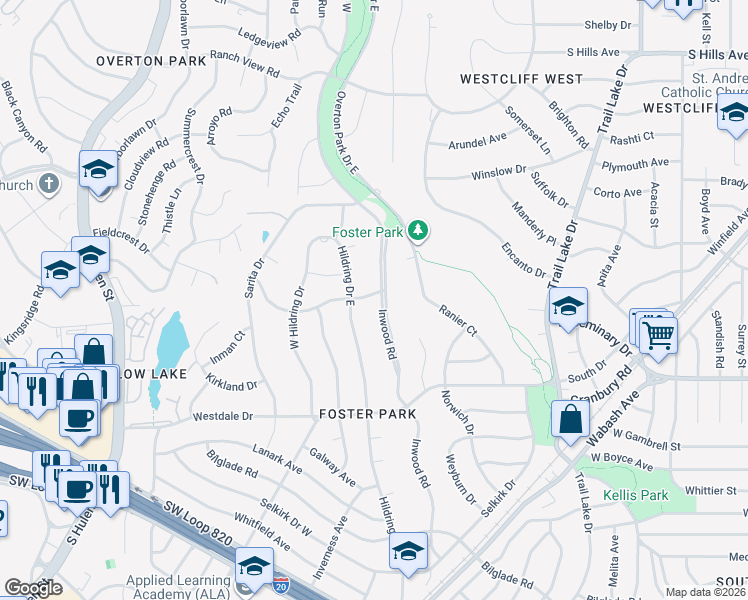 map of restaurants, bars, coffee shops, grocery stores, and more near 4028 Inwood Road in Fort Worth