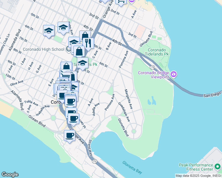 map of restaurants, bars, coffee shops, grocery stores, and more near 700 Pomona Avenue in Coronado