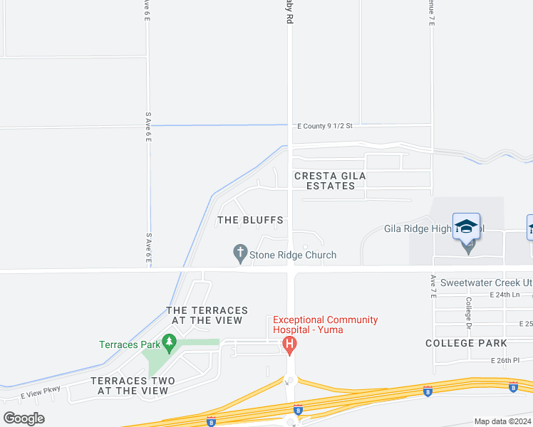 map of restaurants, bars, coffee shops, grocery stores, and more near 6432 East Crabtree Place in Yuma