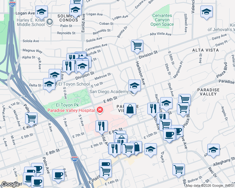 map of restaurants, bars, coffee shops, grocery stores, and more near 2709 East 3rd Street in National City
