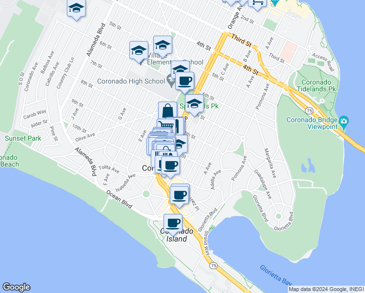 map of restaurants, bars, coffee shops, grocery stores, and more near 841 Orange Avenue in Coronado