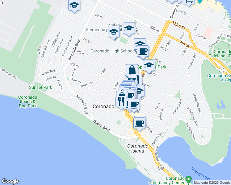 map of restaurants, bars, coffee shops, grocery stores, and more near 918 E Avenue in Coronado